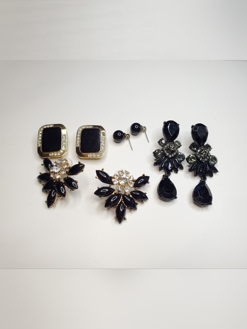 Vtg. Mixed Bundles Black Beads & Rhinestones Drop Dangle Earrings